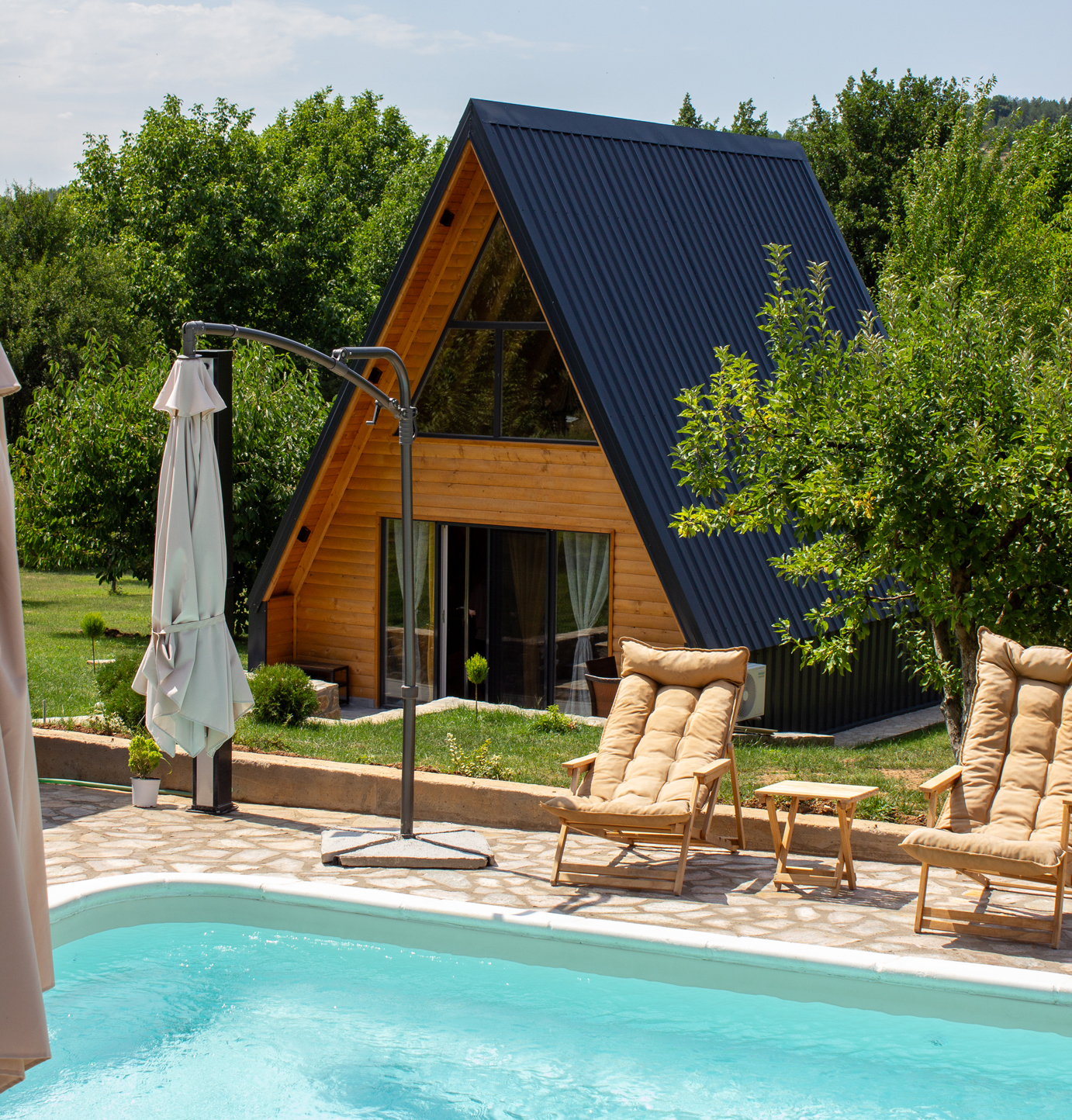 A-frame cabin with pool